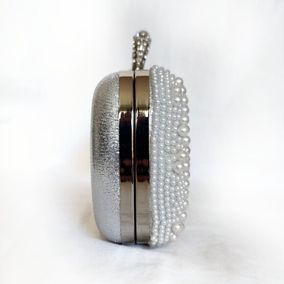 NWOT Natasha Couture Silver Pearl Crystal Embellished Box Clutch Removable Strap - Picture 4 of 5